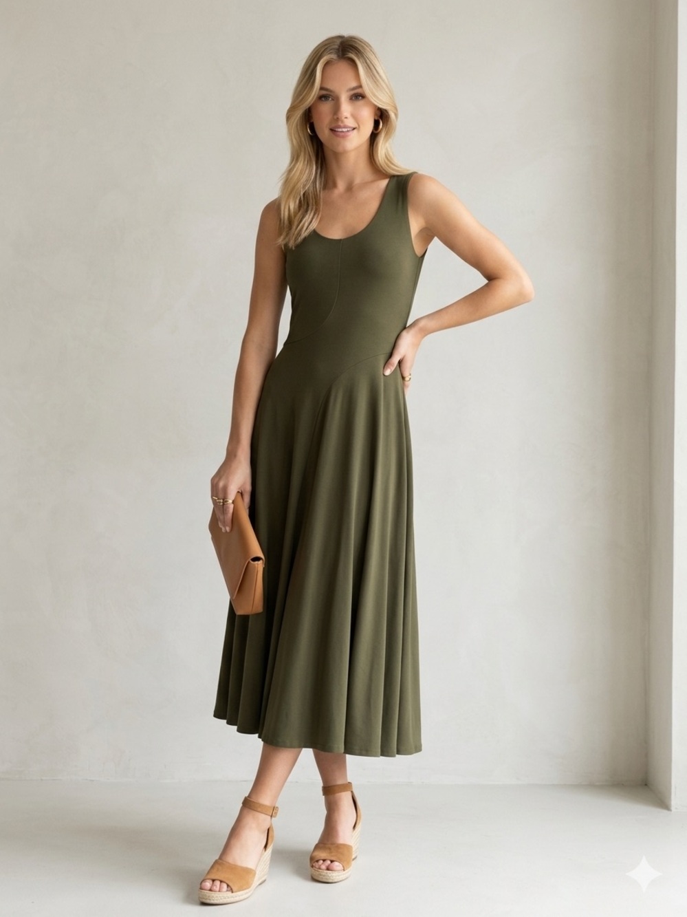 Trina Turk Olive Green Midi Dress Sleeveless Old Money Preppy Classic XS/S